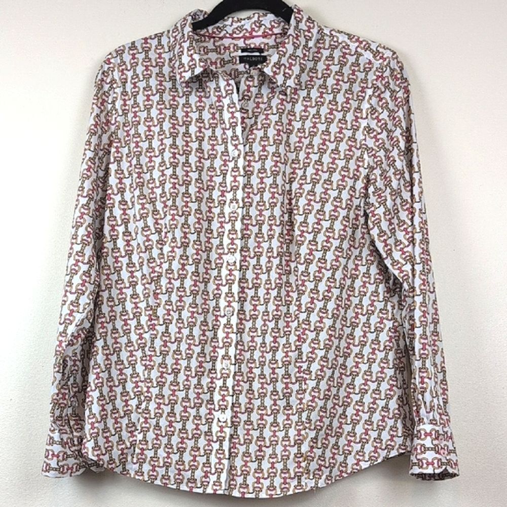 Talbots Equestrian Chain Print Button Front Non Iron Shirt Top Size 12